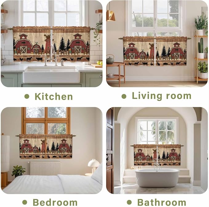 Brown Farmhouse Tier Curtains, Vintage Country Animals Wooden Grain Light