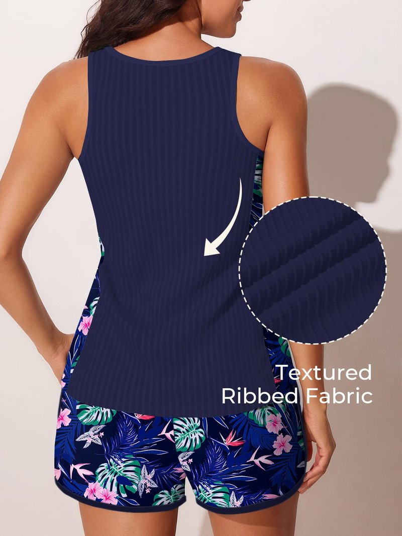 Summer Mae Modest Tankini Swimsuits for Women 2026 Textured Ribbed Bathing Suits Tummy Control Swim Shorts with Pockets Monstera Leaf Pattern Size 14