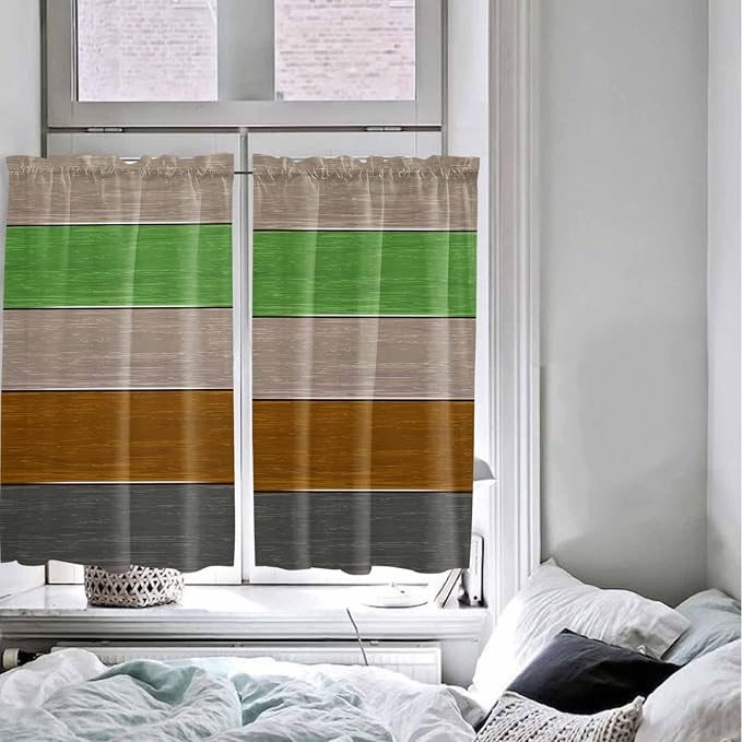 Farm Gray Green Brown Wood Grain Window Valance Curtains, Rustic Wooden Plank