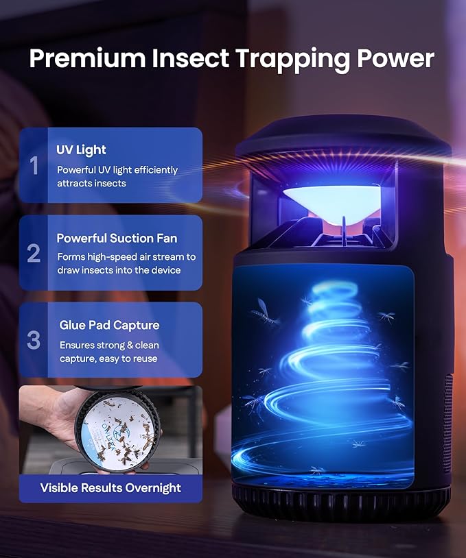 OWLTRA IMT-L60 Indoor Electric Insect Trap, Catcher & Killer Lamp for Fruit Flies, Mosquitos, Moths, Gnats, and More with UV Light Attraction and Fan Suction, Black