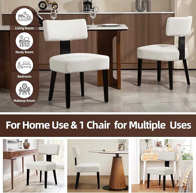 Dining Chairs Set of 6, Fabric Upholstered Wood Kitchen Chairs, Armless Linen Curved Backrest Accent Chair Farmhouse Modern Dining Chairs with Foot Pad for Kitchen/Living Room/Restaurant/Cafe-Beige