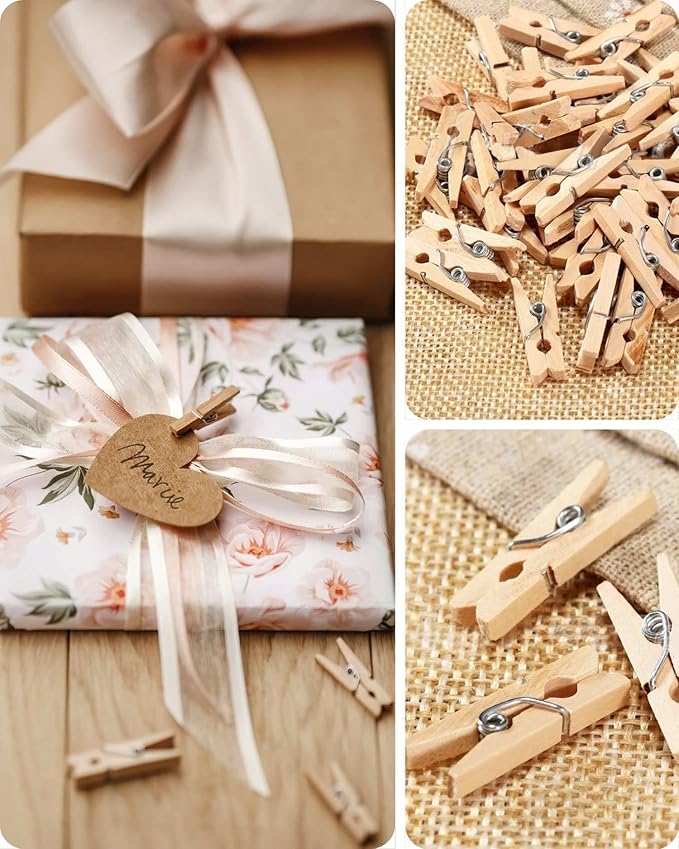 Mini Clothes Pins for Photo, Natural Small Wooden Clothespins 1 Inch Tiny Wood Decorative Clips Bulk, 33FT Jute Twine and Clothespins for Crafts Photos Pictures Baby Shower Game Classroom, 200 PCS