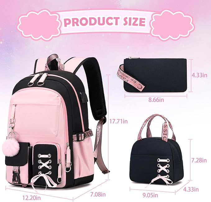 Backpacks for Girls, Girls Backpack with Lunch Box and Pencil Case for Teen Kids Elementary Middle High School College Student, Children School Backpack Bookbag with USB Charging Port (Pink)