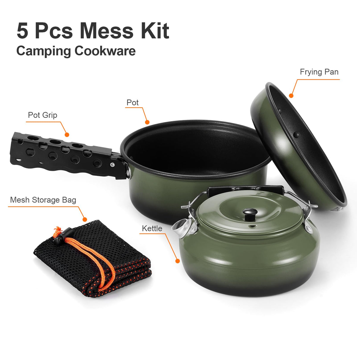 Odoland 5pcs Camping Cookware Non-Stick Camping Pot and Pan Set with Kettle and Removable Handle for Hiking Backpacking and Picnic(Green)