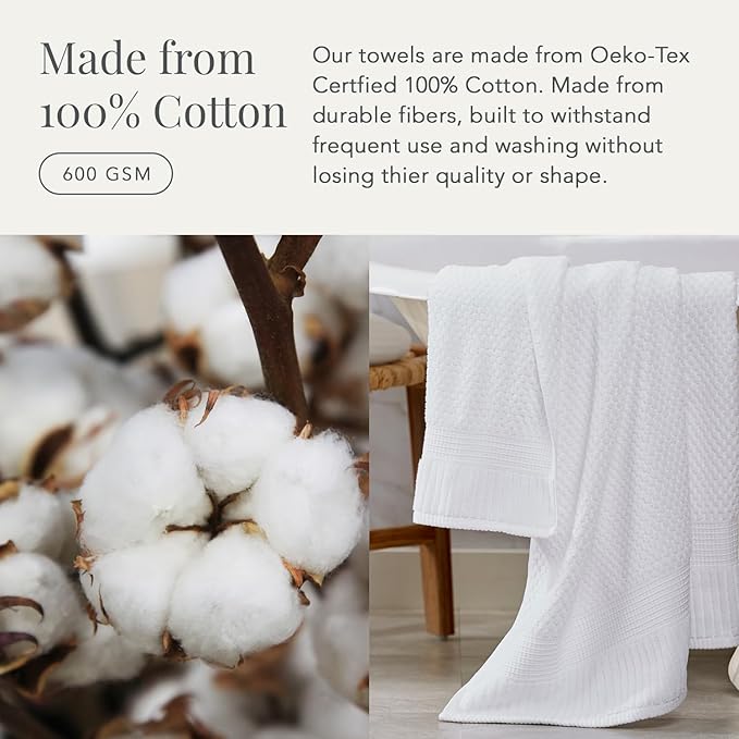 NY Loft 100% Cotton Bath Towel Set | 6 Piece Set - White Towels | Absorbent & Quick-Dry Bath Towels | Textured & Durable Cotton | Trinity Collection - Bright White