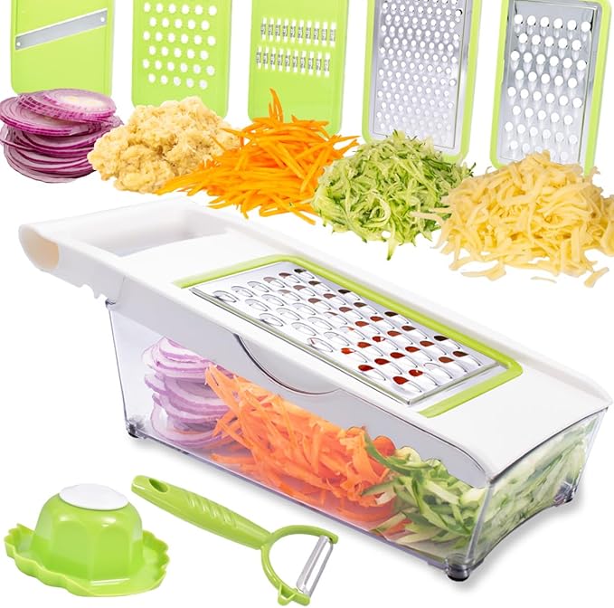 NACOLUS Cheese Grater with Container,5 In 1 Mandoline Slicer for Kitchen,Multi Purpose Vegetable Slicer, Easy to Clean Vegetable Chopper,Cheese Shredder,Julienne Slicer and Peeler