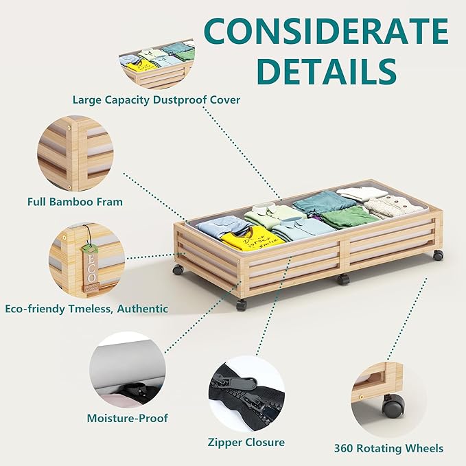 Bamboo Under Bed Storage Containers- Underbed Organizer with Wheels with Large Capacity Dust Bag,Sturdy Wood Rolling Under Bed Shoe Storage Organizer 2 Packs (Nature, 2 Packs (33.07"×16.54"))