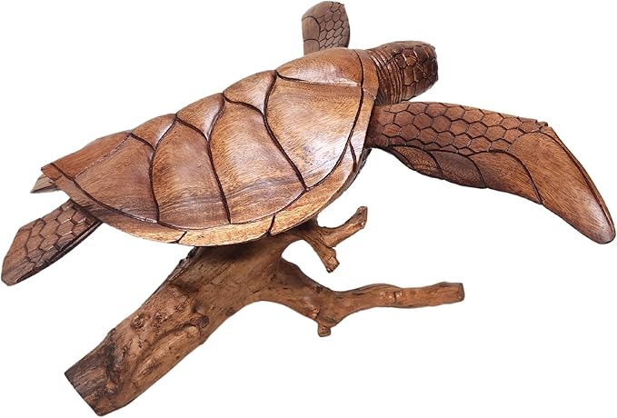 WorldBazzar Beautiful Extra Large Huge Hand Carved Wood Turtle Ocean Coral Statue One of Kind,Brown