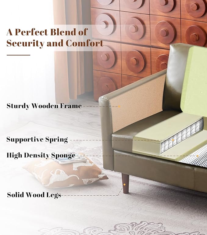 Kingfun Faux Leather 2 Seat Couch for Living Room, Mid Century Modern Sofa with Rolled Arms and Deep Seats, Fluffy Comfort for Apartment, Easy to Assemble, Olive Green