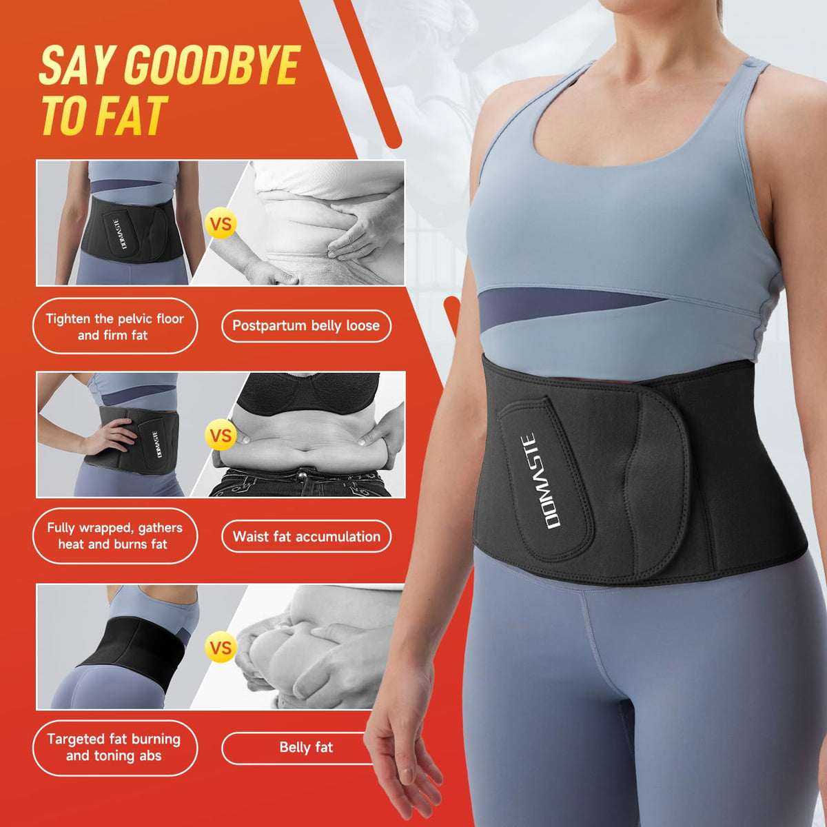 Domaste Waist Trimmer for Women & Men - Sweat Belt Waist Trainer Stomach Wrap for High-Intensity Training & Workouts(Black)