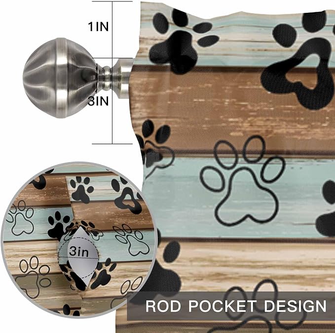 Dog Paws Valances for Windows, Teal Brown Wood Grain Kitchen Valance Light