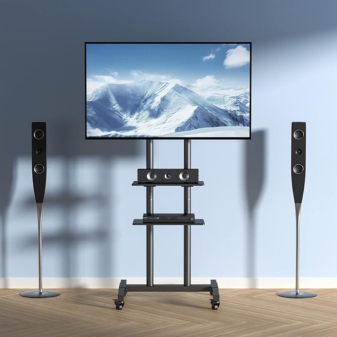 VEVOR Mobile TV Cart for 32 to 70 inch TVs, Height Adjustable Portable TV Stand with Wheels and Double Tray for Audio-Visual Devices, Rolling TV Stand for Living Room