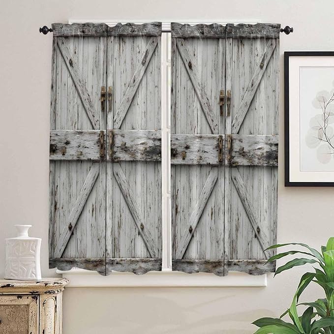 Vintage Gate Bedroom Curtains 63 Inches length, Farmhouse Wooden Grain Shabby