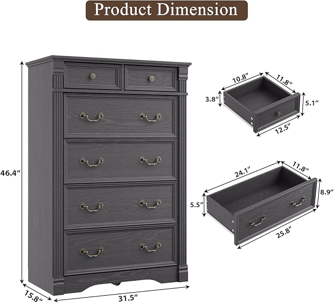 Grey Dresser for Bedroom, Farmhouse 6 Chest of Drawers, 47" Tall 6 Drawer Dresser Storage with Wood Pilasters and Metal Handles, Vintage Design, Drawer Organizer for Bedroom, Hallway