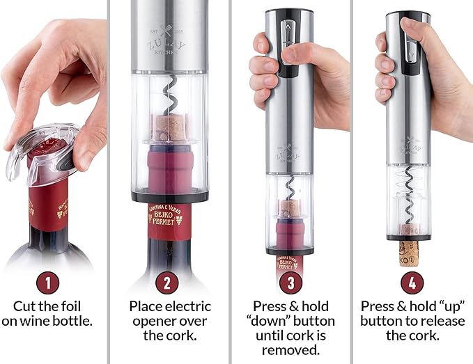 Zulay Kitchen Electric Wine Opener with Charging Base & Foil Cutter - Rechargeable Automatic Corkscrew Wine Bottle Opener for Natural & Synthetic Corks - Stainless Steel Silver