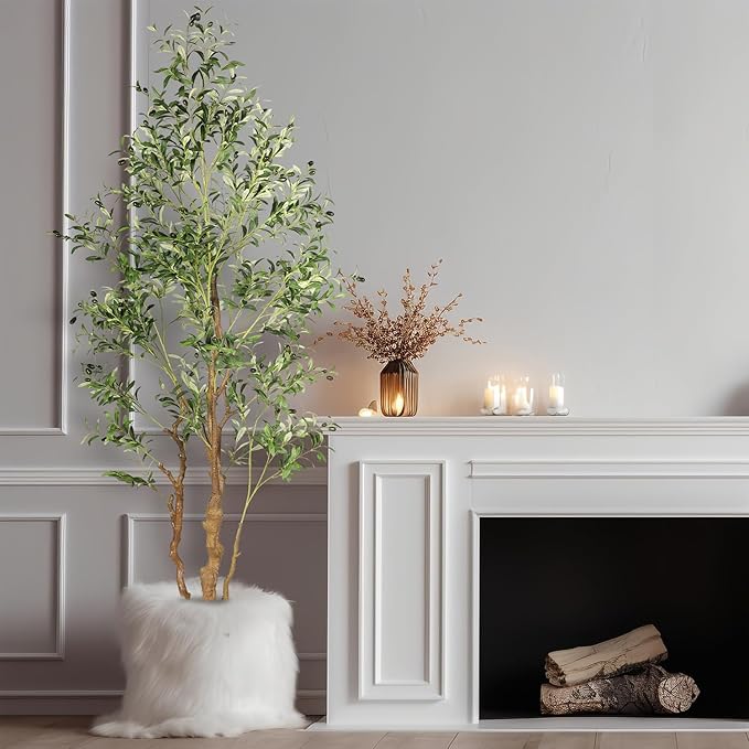 7.2ft Artificial Olive Tree (85in) with Plastic Nursery Pot Faux Olive Silk Tree, Fruits Fake Plant for Office House Farmhouse Living Room Home Decor (Indoor/Outdoor)