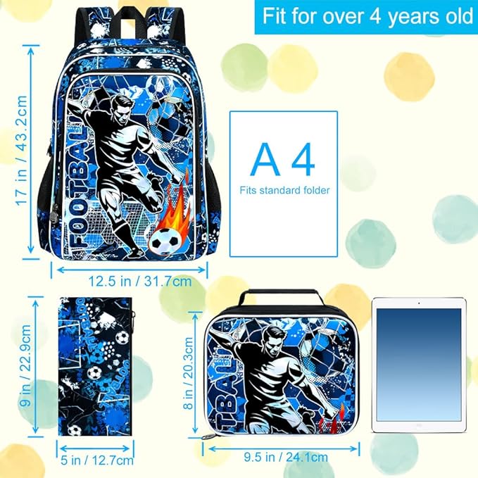 KLFVB 3PCS School Backpack, 17" Kids Football Bookbag and Lunch Box, Water Resistant Teenagers Backpacks for Middle Elementary - Soccer