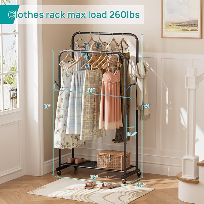 SINGAYE Clothes Rack Garment Clothing Hanger：Coat Rack Metal Double Bar Freestanding for Hanging Clothes Portable With Wheels Rolling Closet for Laundry Bedroom Drying Black