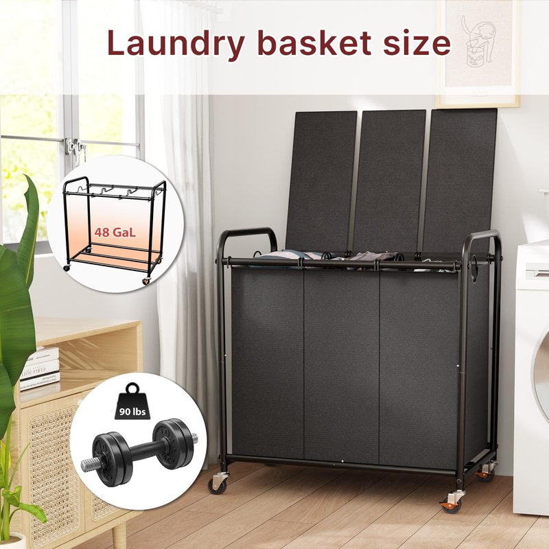 180L Laundry Sorter 3 Section – Heavy Duty Rolling Laundry Basket with Lockable Wheels and Lid, 3 Large Separate Removable Bags, Laundry Hamper Cart for Laundry Room Organizer