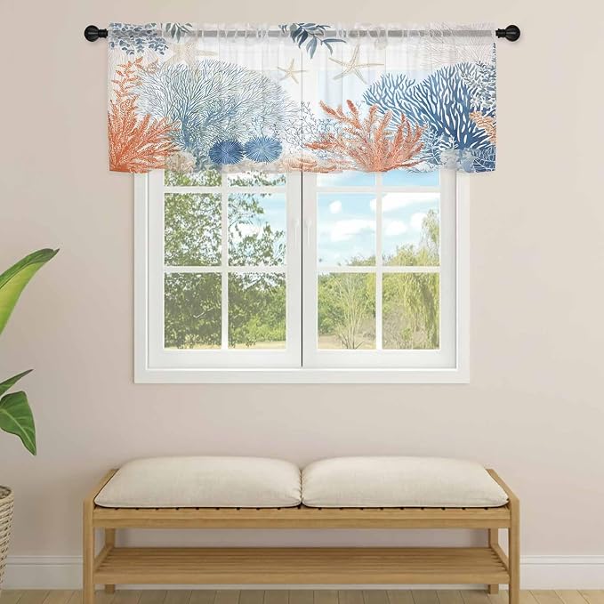 Ocean Corals Sheer Valance Curtains, Summer Beach Coral Sea Stars Light