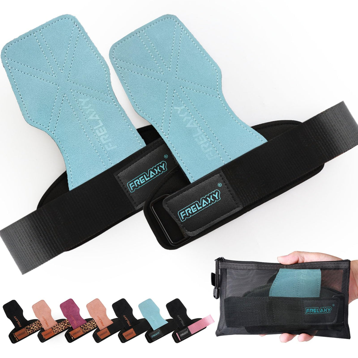 Frelaxy Lifting Wrist Straps Women and Men, Weight Lifting Grips with Cushion Wrist Loop, Double Layer Leather and Storage Pouch, Gym Workout Straps for Deadlift and Powerlifting (Lake Blue)