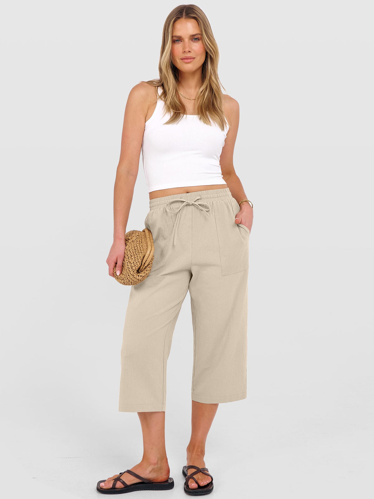 ANRABESS Capris Pants for Women Summer Casual Loose Drawstring Elastic High Waist Straight 2026 Lounge Beach Cropped Trousers Large Light Beige