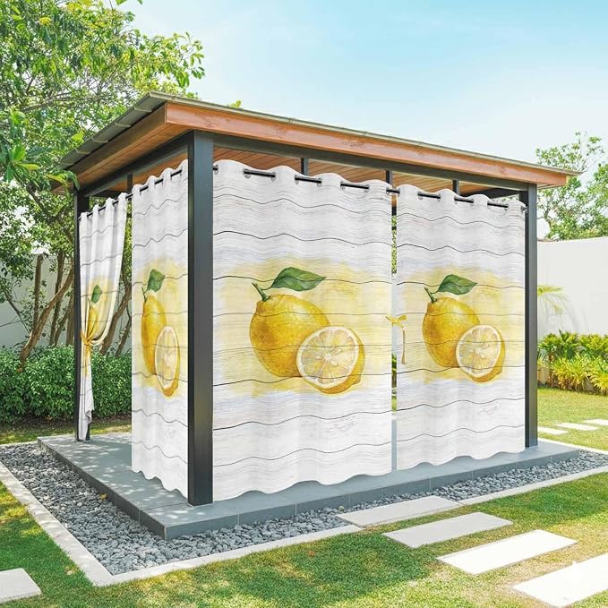 Lemons Yellow Summer Fruit Vintage Wood Outdoor Curtains
