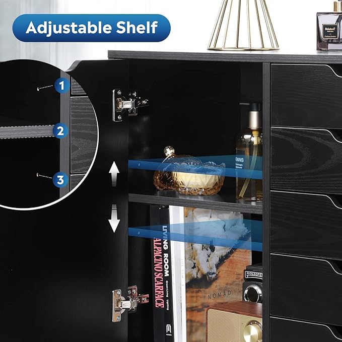 5-Drawer Wood Drawer Cabinet, Office Storage Cabinet with Adjustable Shelf & Wheels, Printer Stand for Home Office, Black, 15.7" D x 30.7" W x 25.4" H