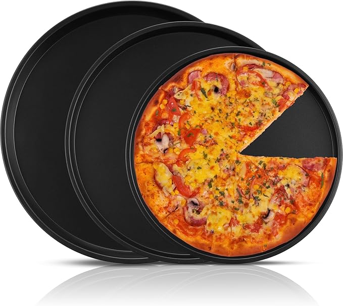Teenyyou Pizza Pans 10.23/11.4/12.1 Inches Set of 3 Black Stainless Steel Non Stick Pizza Baking Pans Tray Round Serving Plate for Pie Cookie Cake Baking Grilling