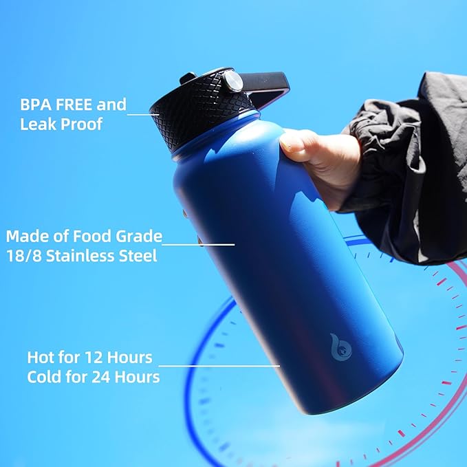 BJPKPK Insulated Water Bottles with Straw Lid, 27oz Stainless Steel Water Bottle with 3 Lids, Leak Proof BPA Free Metal Thermo, Mugs, Tumblers, Keep Cold Hot - Coral