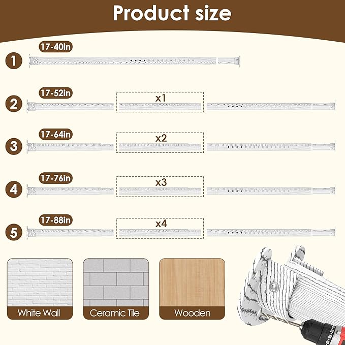 Closet Rod 17-51 Inches，1.3 Inch Diameter Heavy-Duty Adjustable Closet Rods for Hanging Clothes Closet Hanging Rod Metal Closet Poles for Wardrobes Laundry RV Bathroom（White Wood Grain Finish）