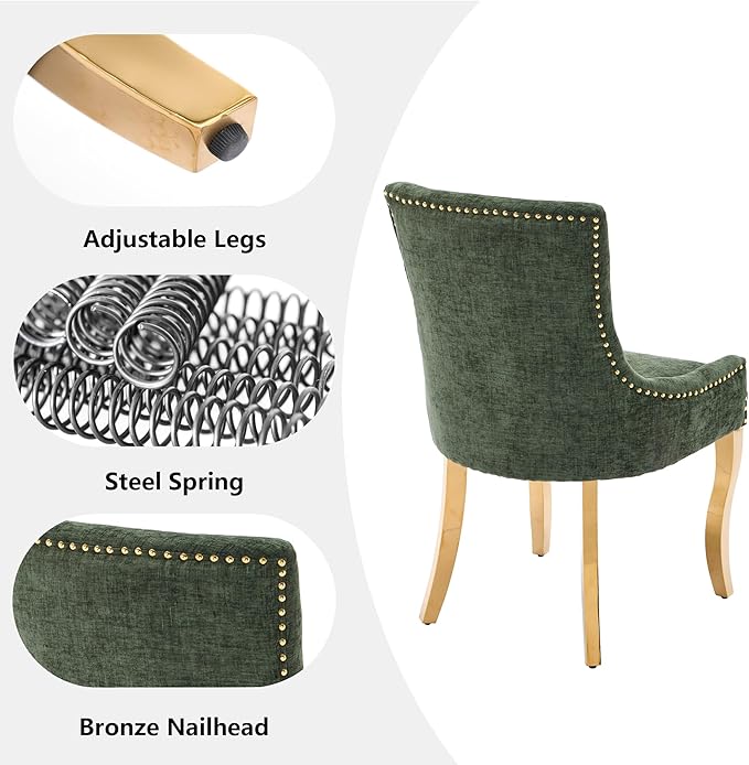 Luxury Fabirc Upholstered Dining Chairs Set of 2,Neutral Chenille Kitchen Room Chair with Nailhead Trim,Modern Padded Side Chairs for Dining Room,Living Room (Olive Green-Gold, Set of 2)