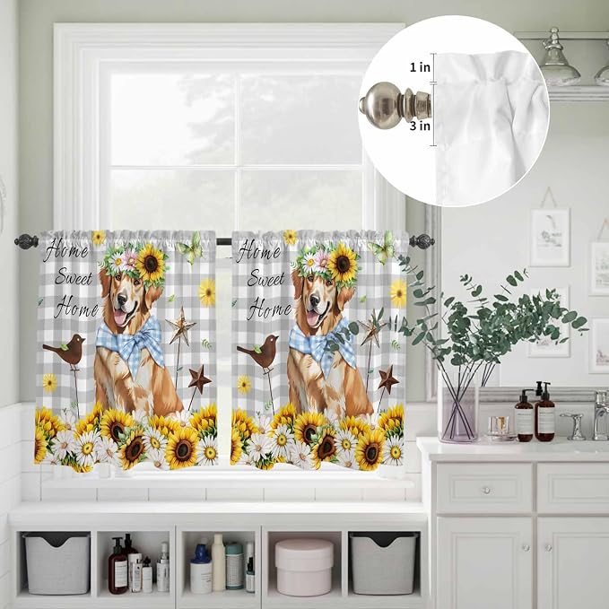 Kitchen Curtains Tiers and Valance Set of 3, Sunflowers Dog Light Filtering
