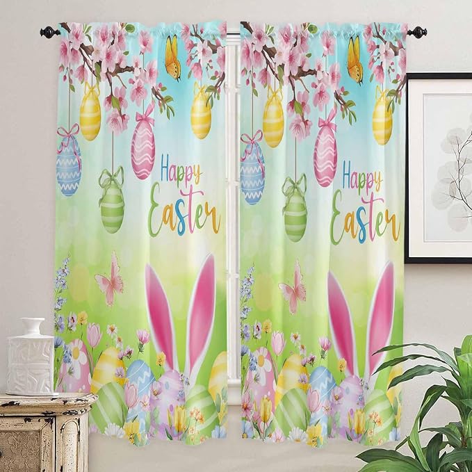 Easter Living Room Curtains 72 Inches length, Spring Bunny Colorful Rabbit Eggs