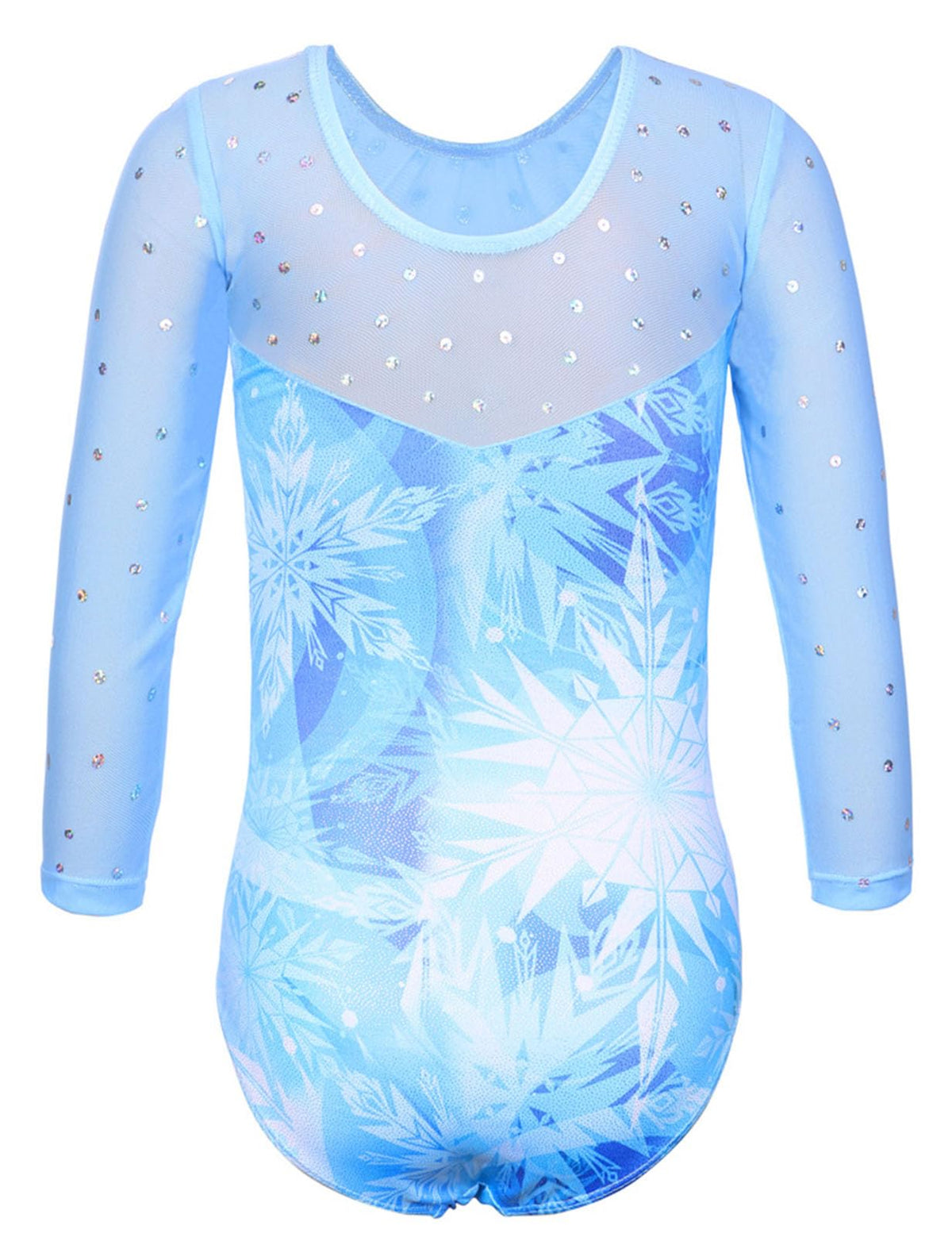 TFJH E Girls Gymnastics Leotard 3/4 Sleeve Sequin Snowflake Blue Size 7-8Y
