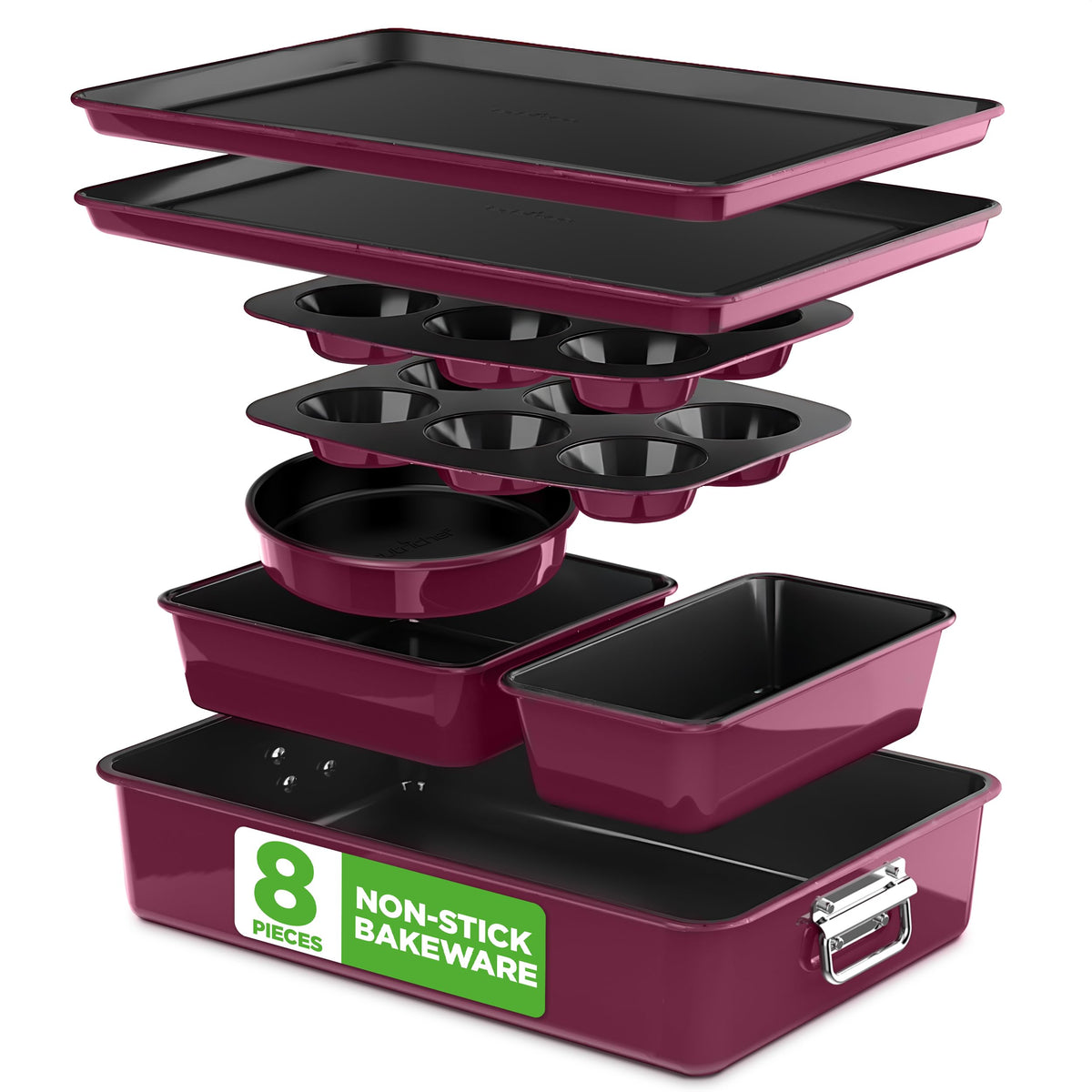 NutriChef 8-Piece Nonstick Stackable Bakeware Set - PFOA, PFOS, PTFE Free Baking Tray Set w/Non-Stick Coating, 450°F Oven Safe, Round Cake, Loaf, Muffin, Wide/Square Pans, Cookie Sheet (Blue)
