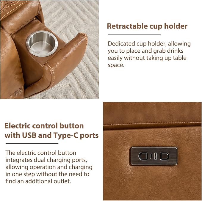 CANMOV Genuine Leather Power Recliner Sofa,3 Seater Reclining Sofa with Comfortable Arms and Back,Modern Electric Recliner Couch Set with Hidden Cup Holders,USB Port for Living Room,Brown