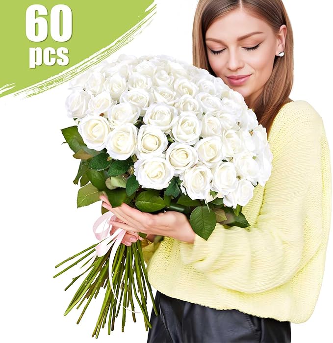 60 Pcs Artificial Roses Bulk Velvet Silk White Roses White Roses for Wedding Centerpieces Bridal Bouquet Mohter's Day Valentine's Day Home Decor (60, White)
