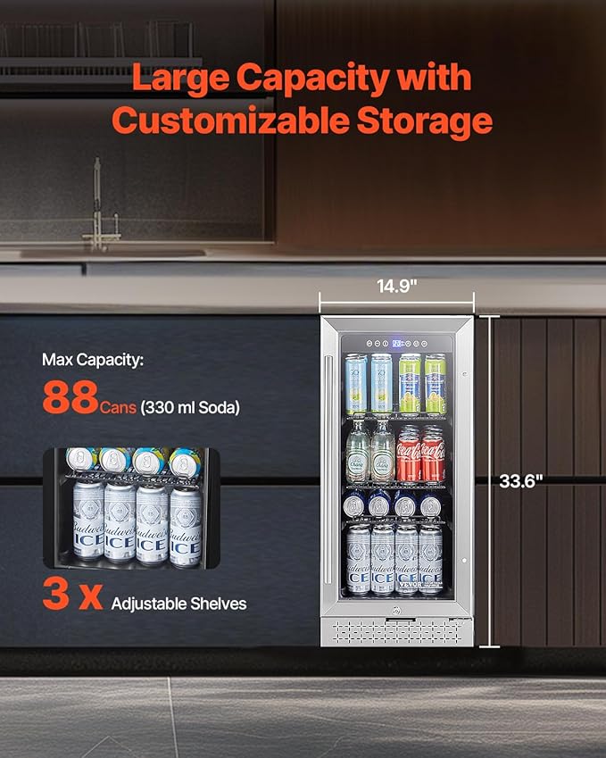 VEVOR Beverage Refrigerator Cooler, 88 Can Beverage Fridge, Mini Fridge with Glass Door, Adjustable Shelves, Digital Temperature Control, Built-in or Freestanding Soda Beer Fridge for Home Office Bar