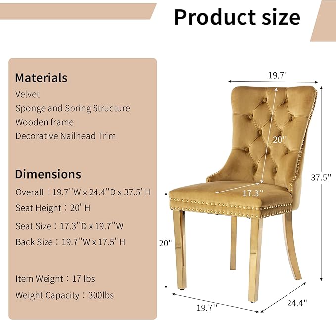 Luxury Upholstered Dining Chairs Set of 8, Yellow Kitchen Chair with Golden Metal Legs, Velvet Tufted Back Dining Chair, Sillas de Comedor, Modern Kitchen & Dining Room Chairs (Gold, 8 Pcs)