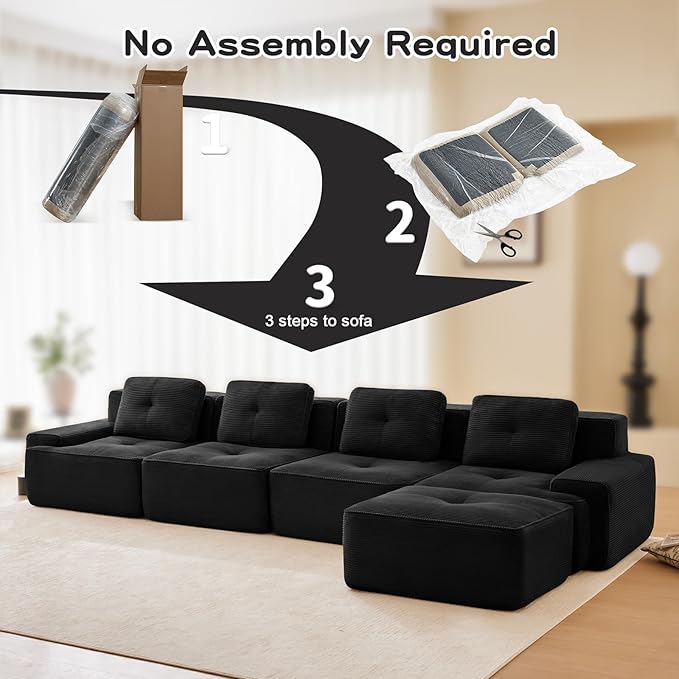 150" Modern Corduroy Cloud Sofa with Ottoman, L Shaped Boneless Modular Large Sectional Couches for Living Room, Black 4 Seater Compressed Memory Foam Couch, Extra Deep Seat, No Assembly
