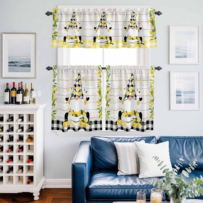 Lemon Gnomes Kitchen Curtains Set 3 Piece