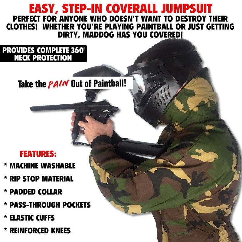Maddog Durable Ripstop Step-In Coveralls | Full Body Paintball, Airsoft, Mechanic, Outdoor Work Protective Wear Jumpsuit - Camoflauge - Small
