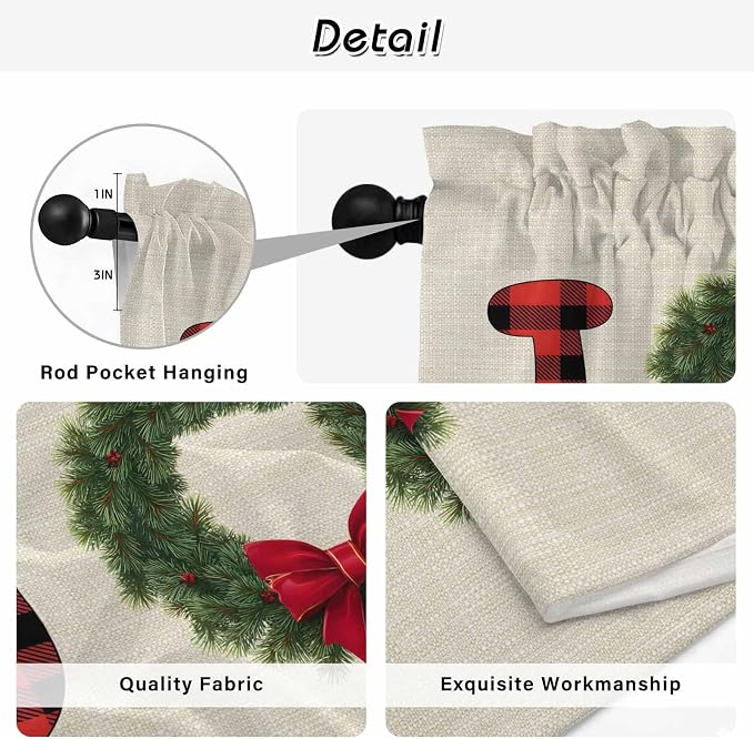 Red Green Christmas Kitchen Tier Curtains 24 Inch Long 2 Panel Set, Rod Pocket