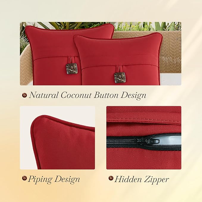 Outdoor Sunbrella Decorative Pillows with Coconut Button Pack of 4, 16" x 16" Outdoor Pillow Set for Couch Bed Throw Patio Sofa, Canvas Jockey Red