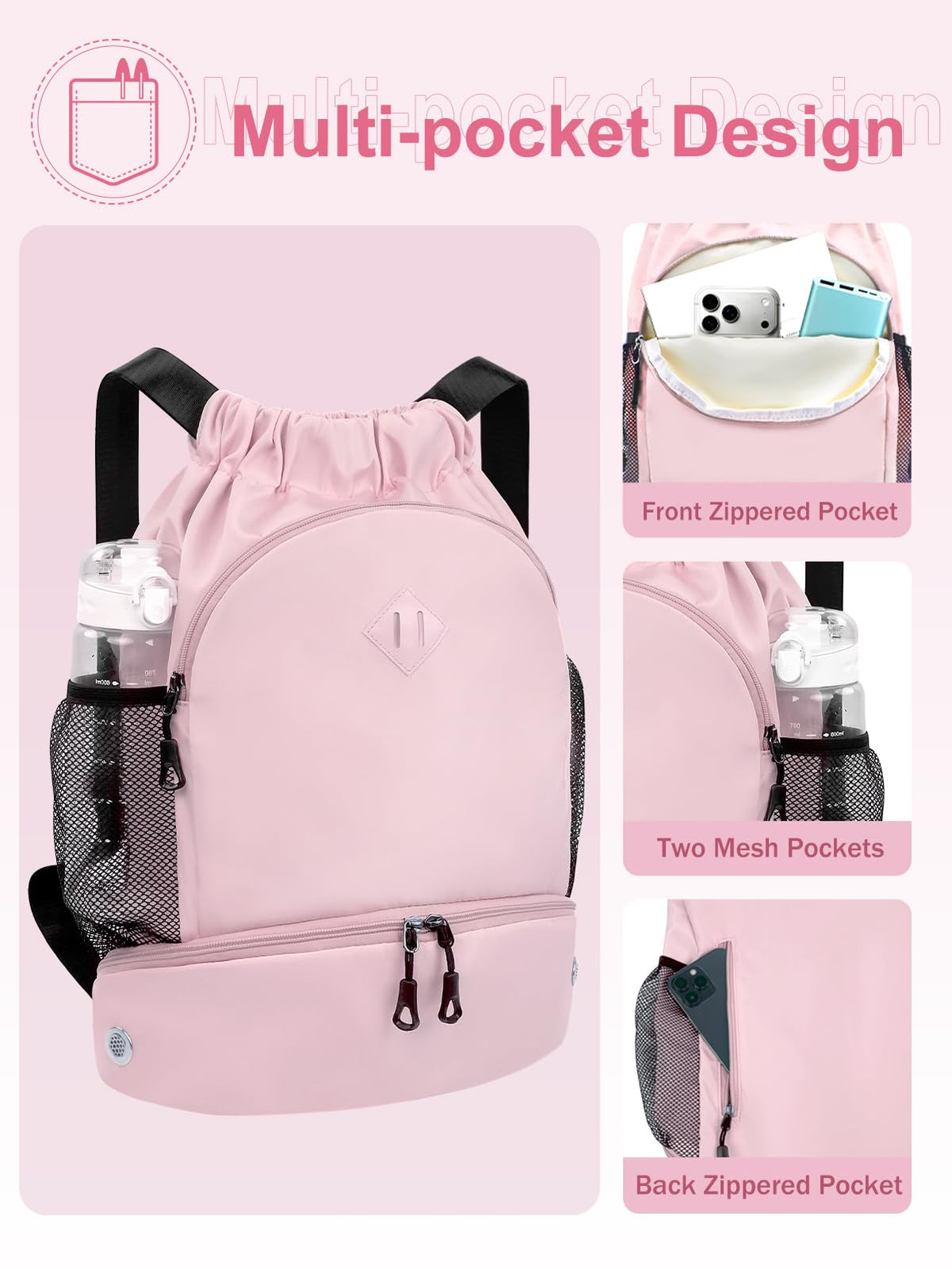 RHDZO Drawstring Backpack Gym Backpack with Shoe Compartment for Men Women String Sports Bag with Wet Pocket Cinch Swim Beach Bag, Large Pink