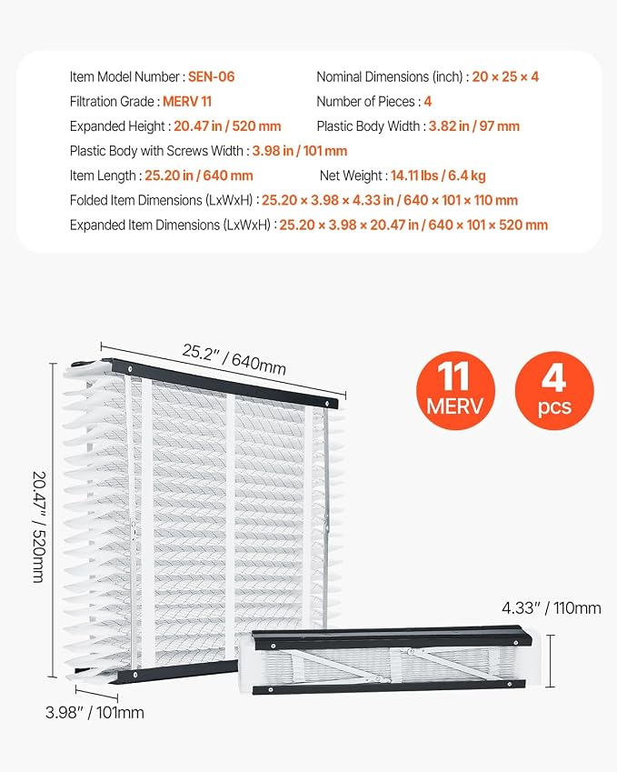 VEVOR 20x25x4 Furnace Air Filter, MERV 11 Pleated HVAC AC Replacement,
