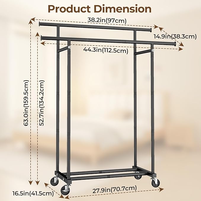 HYSEYY Double Rods Clothes Rack, Rolling Clothing Rack for Hanging Clothes Portable Wardrobe Rack, Metal Garment Rack Sturdy Coat Rack for Bedroom Laundry Living Room, Black