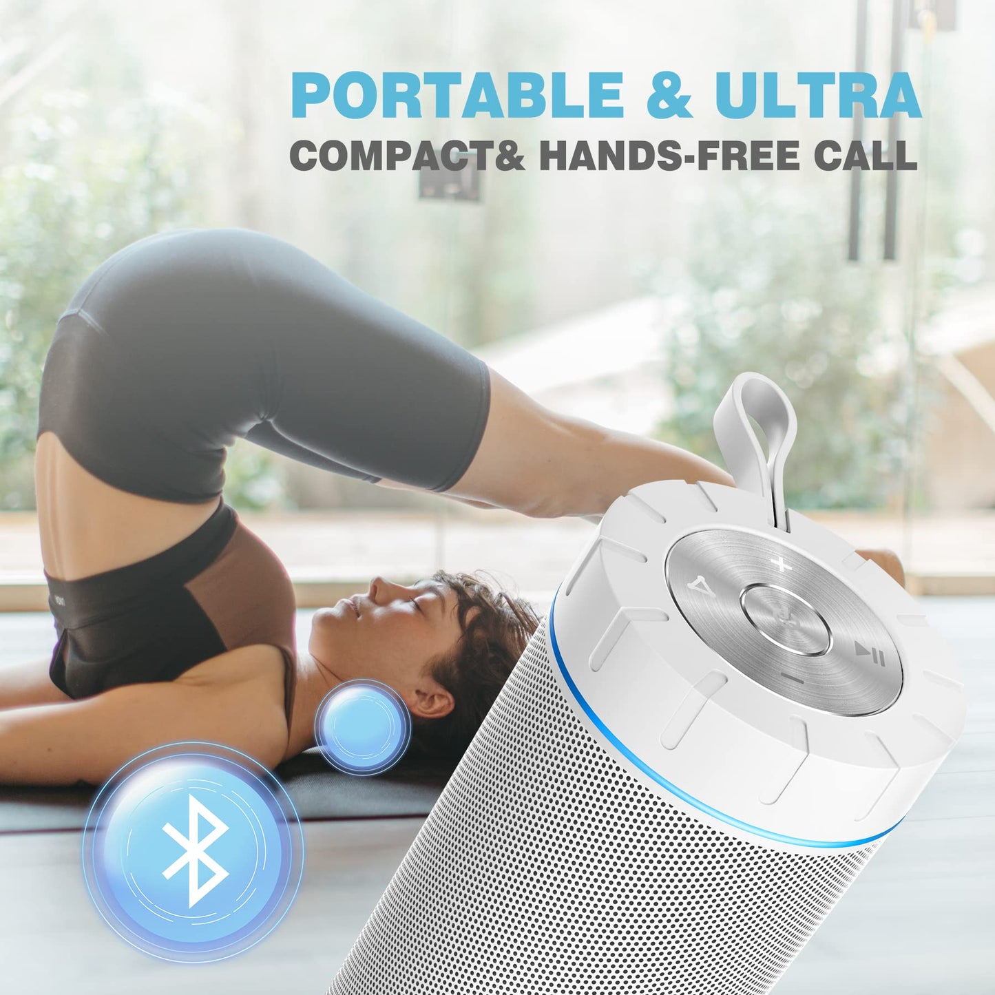 comiso X26 Bluetooth Speaker, IPX4 Waterproof Speakers 360° HD Surround Sound with Punchy Bass, Wireless Dual Pairing, 24H Playtime, Portable Speaker for Shower, Home, Outdoor, Camping, Beach-White