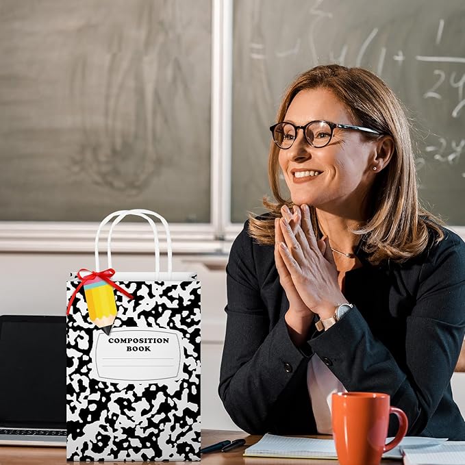 Kolldenn Teacher Gift Bags Composition Paper Bags with Handles Notebook Line Teacher Appreciation Graduation Gifts Bag for Kindergarten Preschool End of Year Party Favors Wrapping(36 Pcs,Composition)